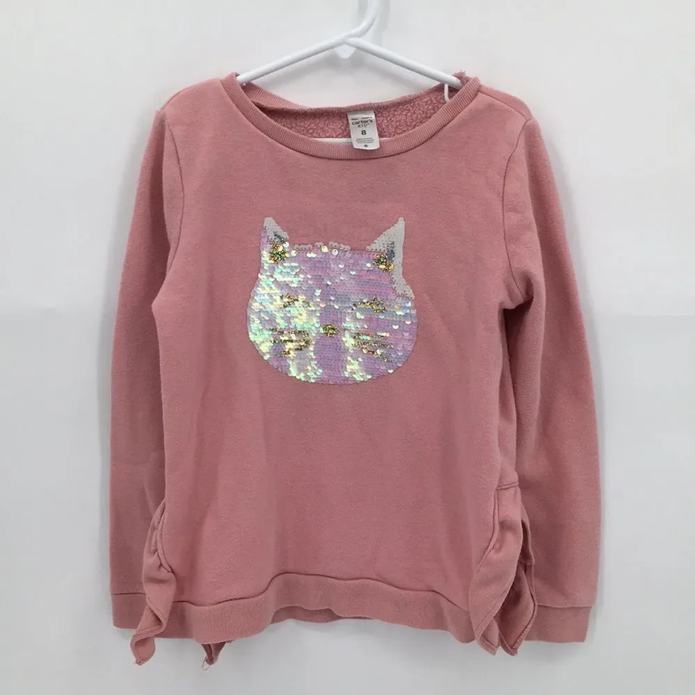 Carter's Pink Sequin Cat Tie-Hem Sweatshirt